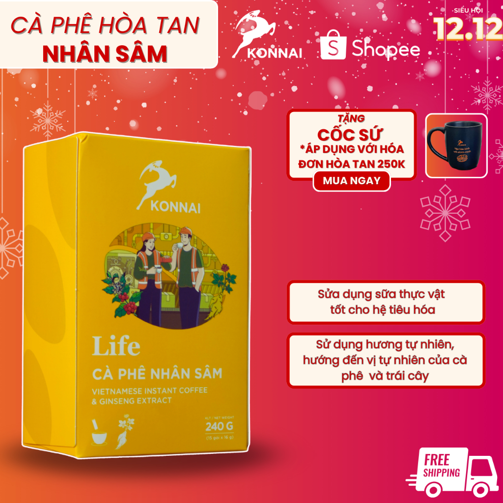 Cà phê hòa tan nhân sâm Life hộp 15 gói Konnai Coffee