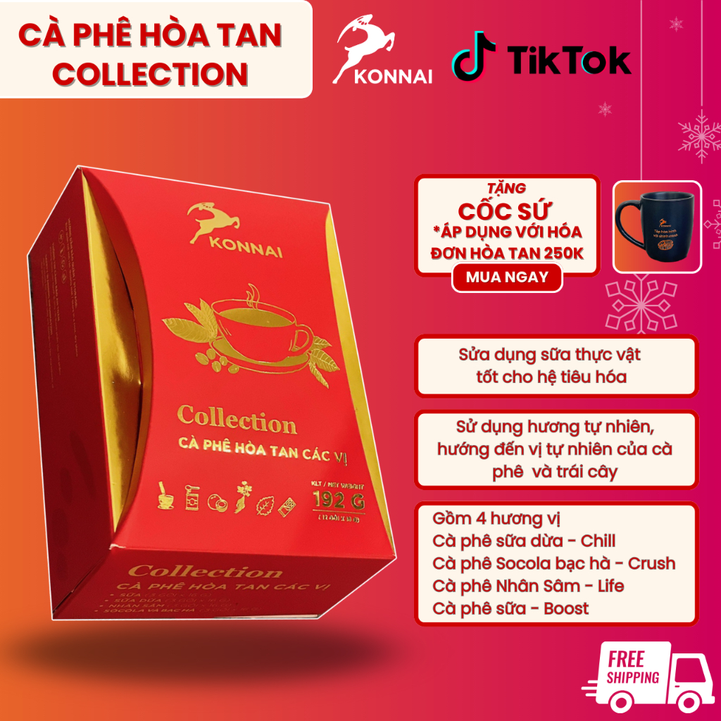 Cà phê hòa tan cafre Collection tổng hợp 4 vị cafe sữa,cafe socola-bạc hà cafe sữa dừa , cafe nhân sâm Konnai Coffee