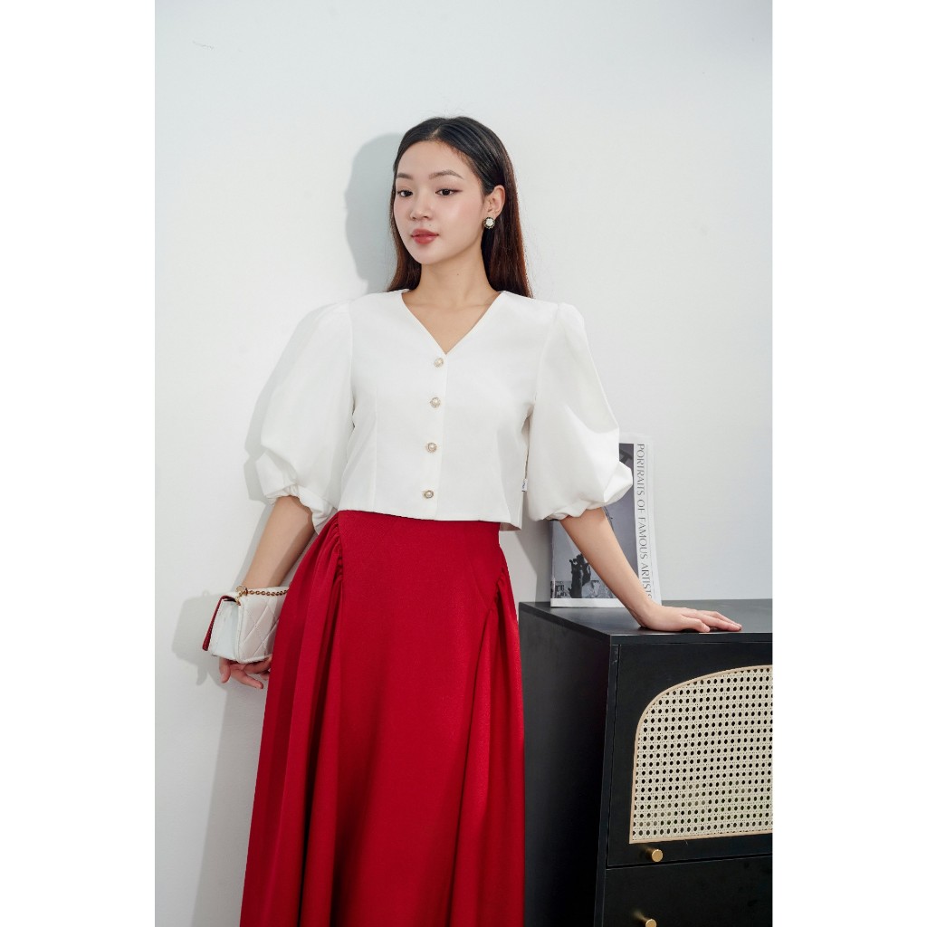 Áo Sơ Mi Nữ 𝐂𝐂𝐇𝐀𝐓 Tay Phồng Dáng Lỡ Cổ V Chất Thô Cao Cấp 13FNT2030ST