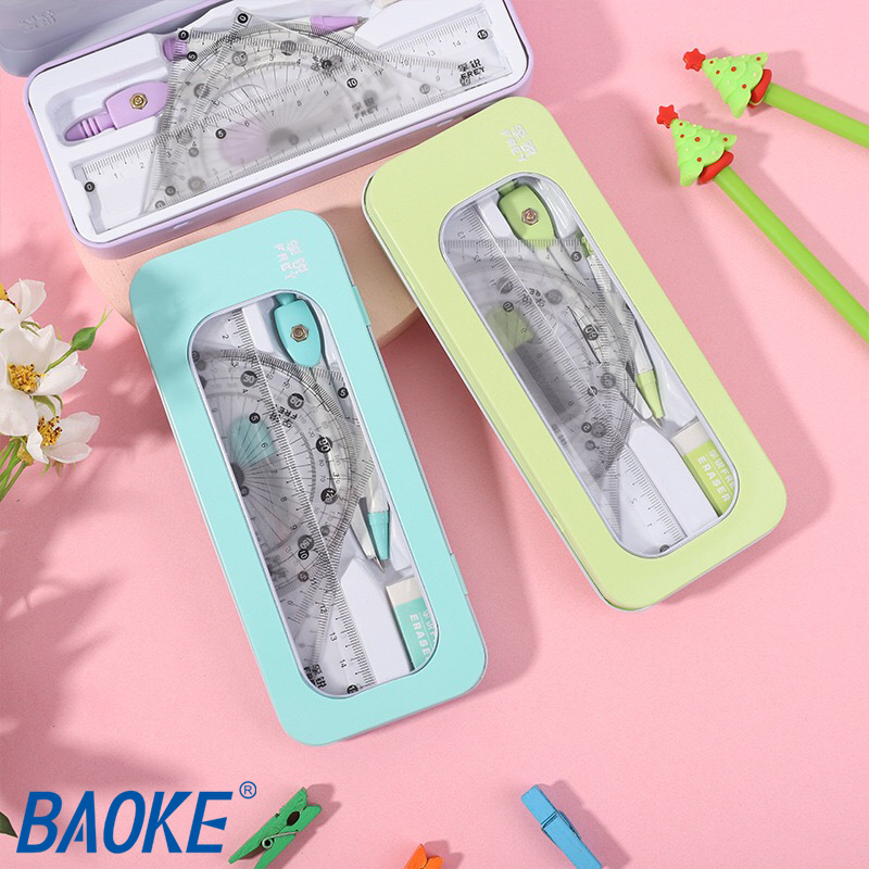Bộ compa = Eke thước kẻ 7 trong 1 hộp thiếc nhiều màu 6801 6802 6803