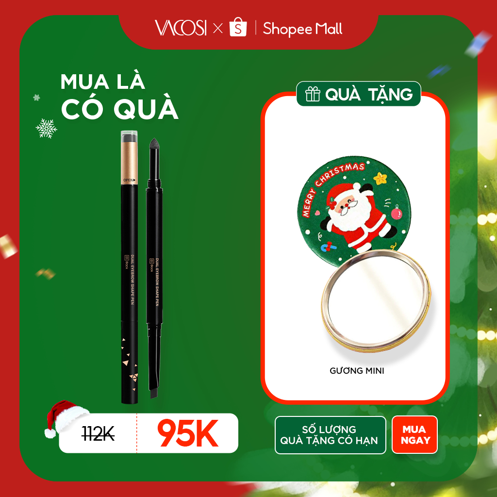 Chì Mày Định Hình VACOSI: Sáp + Bột + Chổi - VACOSI Dual EyeBrow Shape Pen, 5 màu