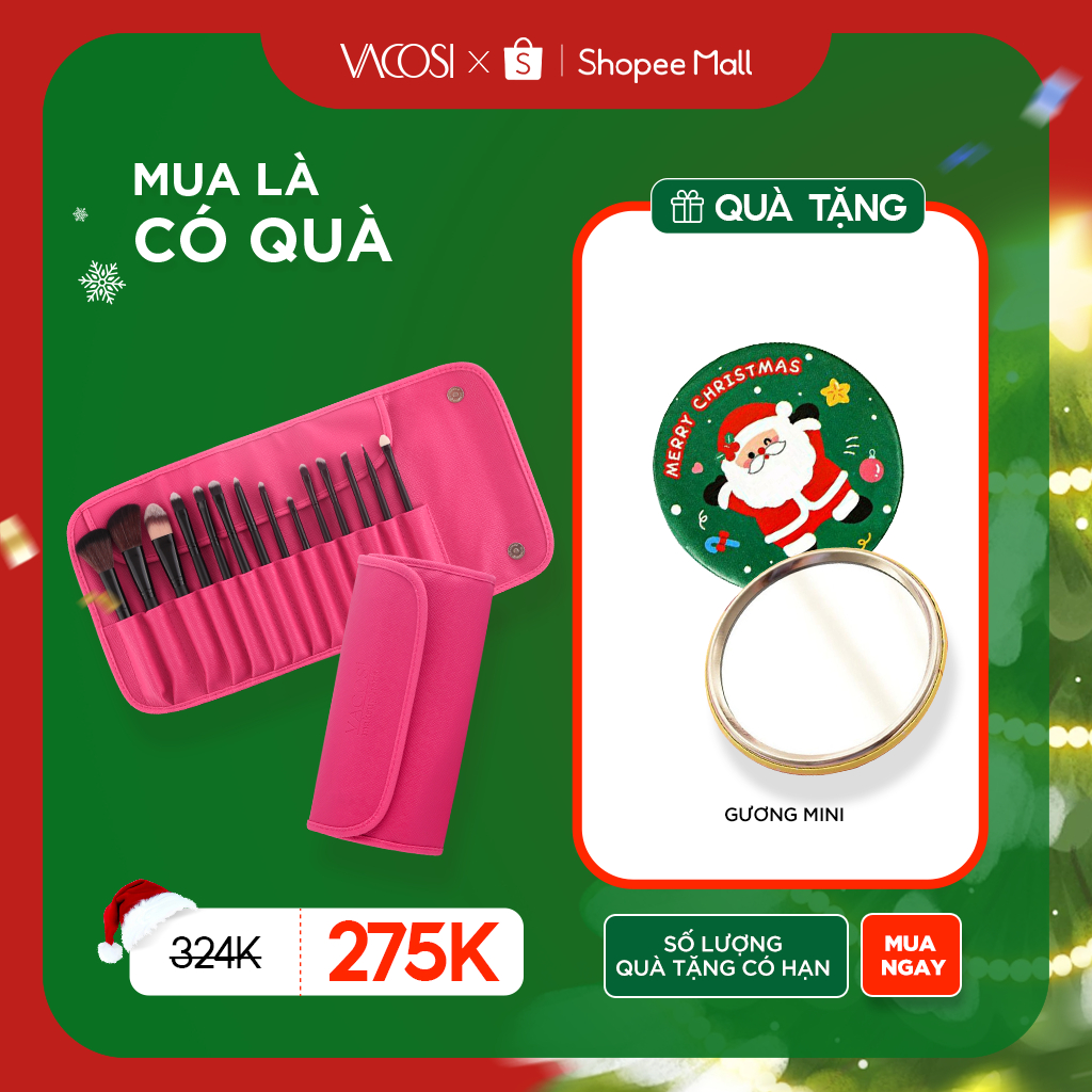 Bộ Cọ Cá Nhân 14 cây & Bóp da Hồng VACOSI ESSENTIAL BRUSH SET - BC09