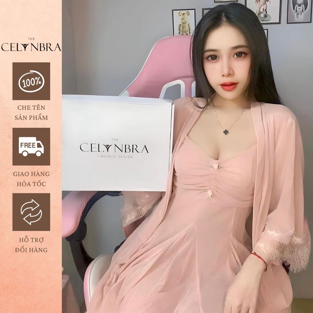 Set váy ngủ kèm choàng ren xuyên thấu sexy tặng kèm váy voan gợi cảm THE CELYNBRA - V102 + V23
