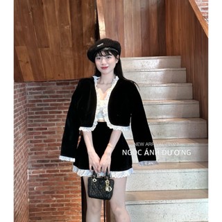 🌸sẵn-onec 🌸set áo khoác nhung viền bèo ren tay dài + chân váy nhung đen bèo ren + áo lót trắng