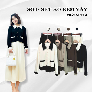 Jima - Set áo dài tay cổ bẻ kèm chân váy chữ A xếp ly xòe lưng chun - Chất nỉ tăm - S04 Set đồ nữ, set đồ nữ sang chảnh