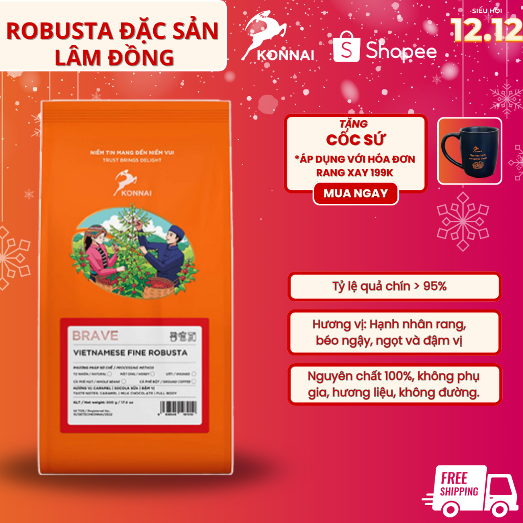 Cà phê đặc sản Robusta Tây Nguyên nguyên chất đậm đà hậu vị ngọt pha phin pha máy BRAVE Konnai Coffee