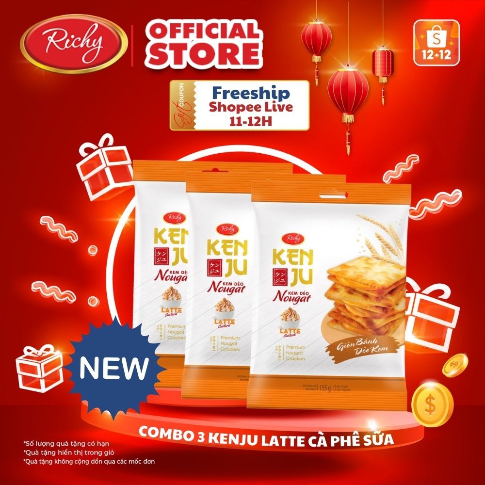 [HN] Combo 3 túi bánh quy Kenju Richy vị Latte cà phê sữa mới (155g/ túi)