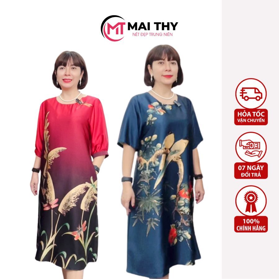 Đầm Thiết Kế MAI THY, Mẫu Váy Trung Niên Nữ Sang Trọng Cho Mẹ Đi Tiệc Cổ Tròn Ngắn Tay Chất Lụa Latinh In 3D Trang Nhã