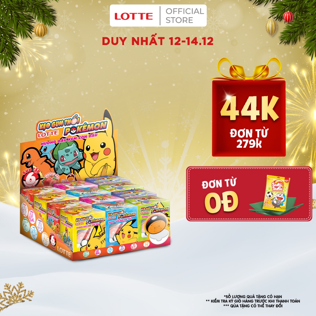 Kẹo gum thổi Lotte Pokémon hương dâu kèm con dấu (khay 12 hộp)