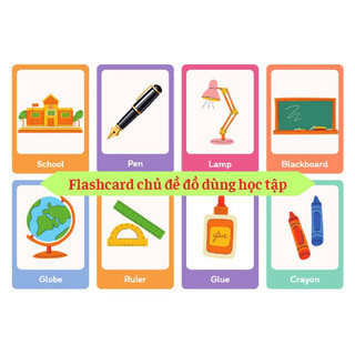 Bộ 24 thẻ học ép plastic chủ đề đồ dùng học tập flashcard classroom objects size A5 giáo cụ dạy học tiếng anh