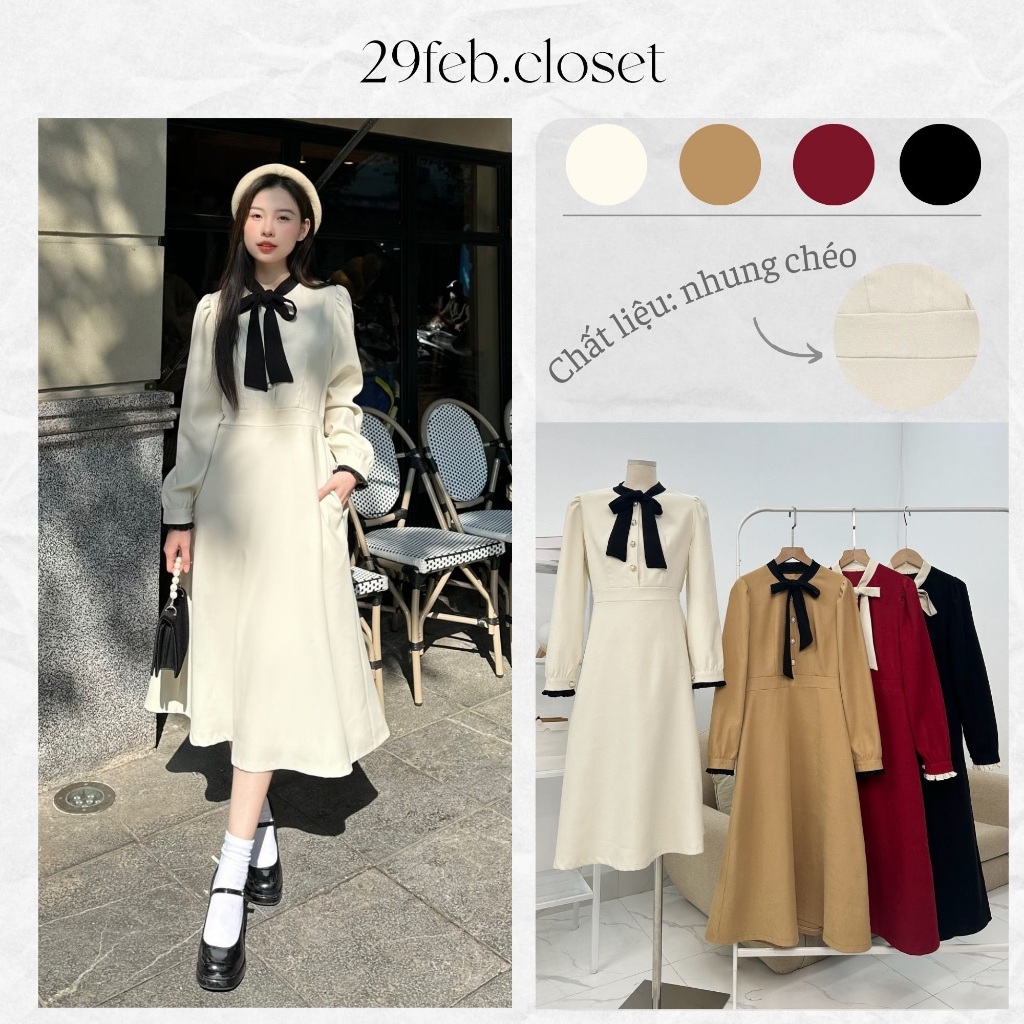 Váy Xinh Phối Nơ Cổ Tiểu Thư Cúc Ngọc Chất Nhung Chéo Dáng Xòe Dài Nhẹ Nhàng Mùa Thu Đông - 29feb.closet - V171