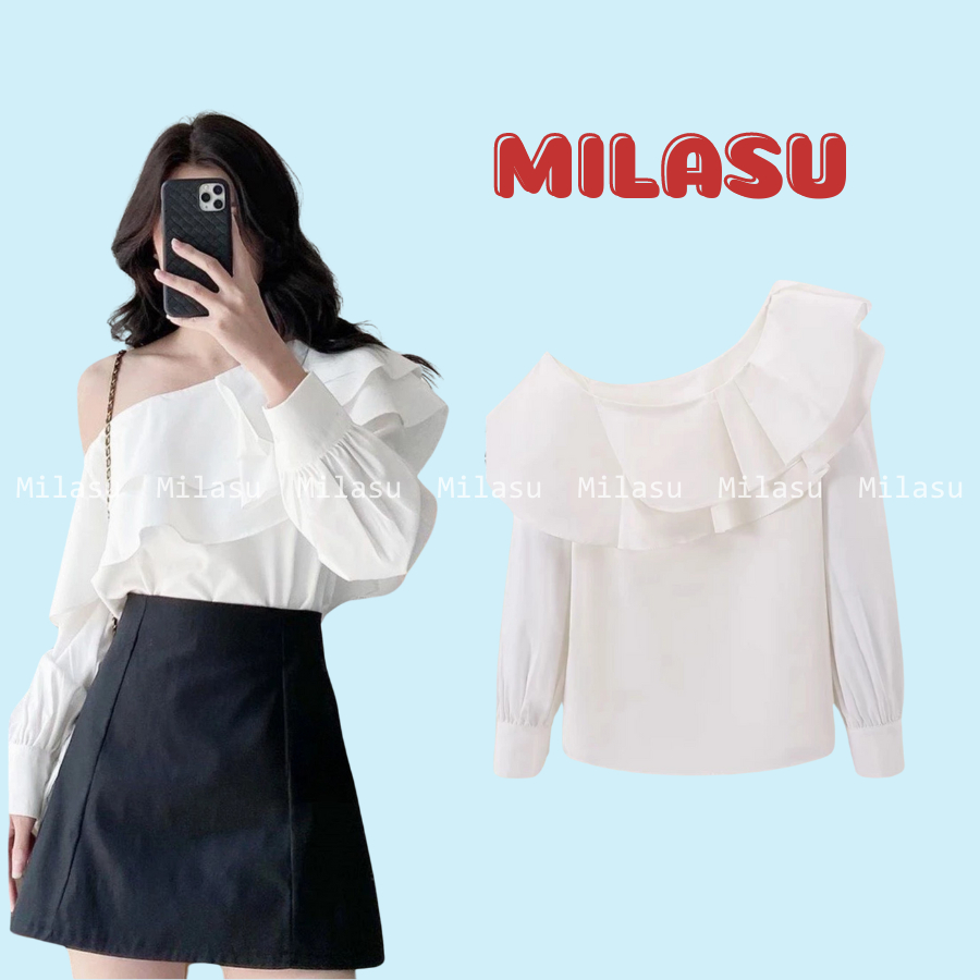 Áo sơ mi nữ lêch vai bèo ngực dài tay phong cách Hàn Quốc 395