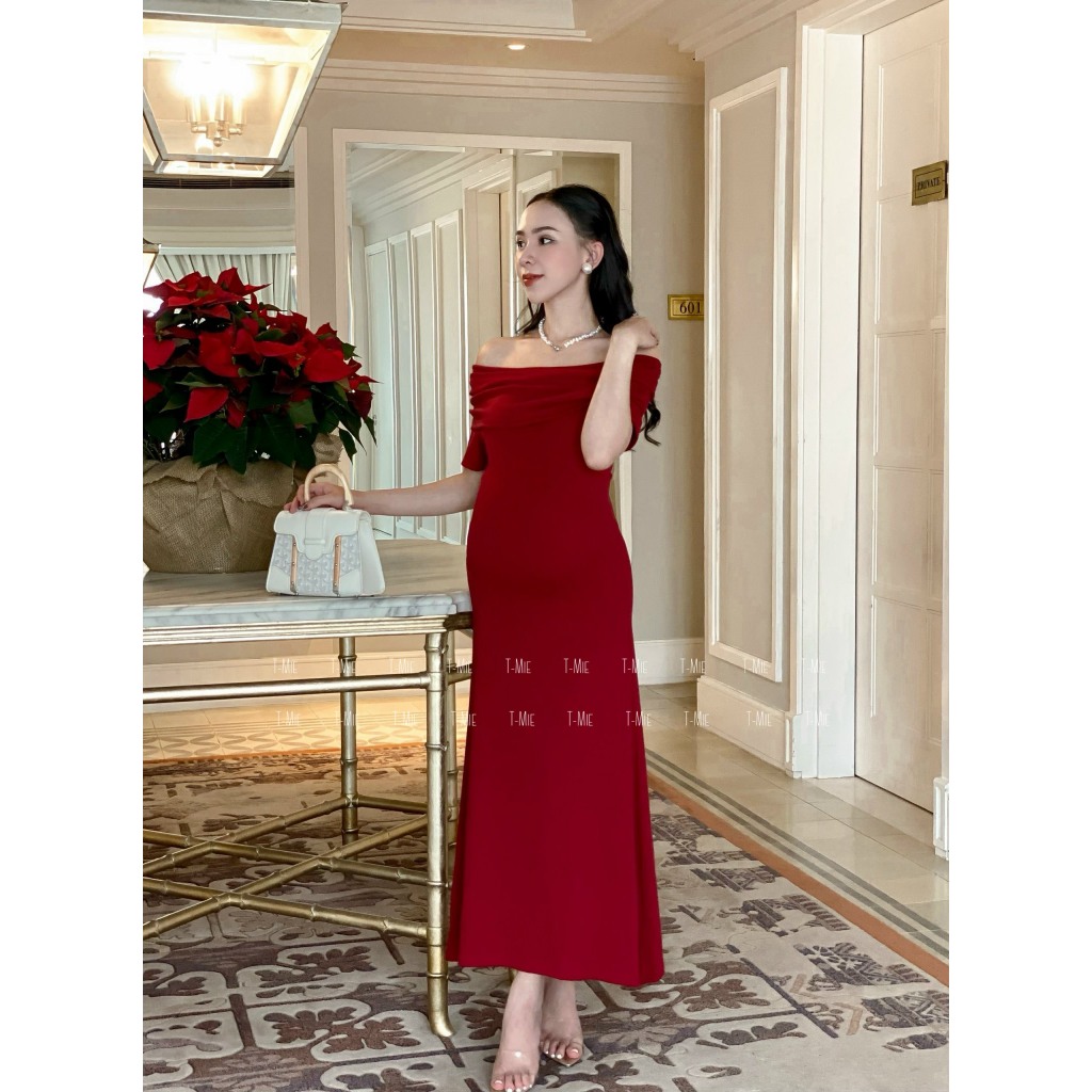T-Mie | Đầm Bầu Maxi Thiết Kế Ôm Body Bẹt Vai Siêu Sang Chảnh Công Sở Đi Tiệc Đẹp ,MD4686