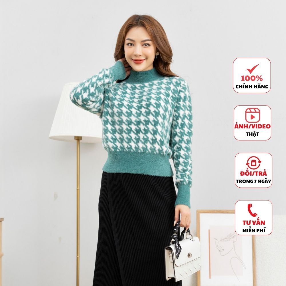 Áo len nữ FIONA cổ tròn áo len cổ cao 6cm hoạ tiết houndstooth dáng bo gấu phong cách Hàn Quốc trẻ trung F852756