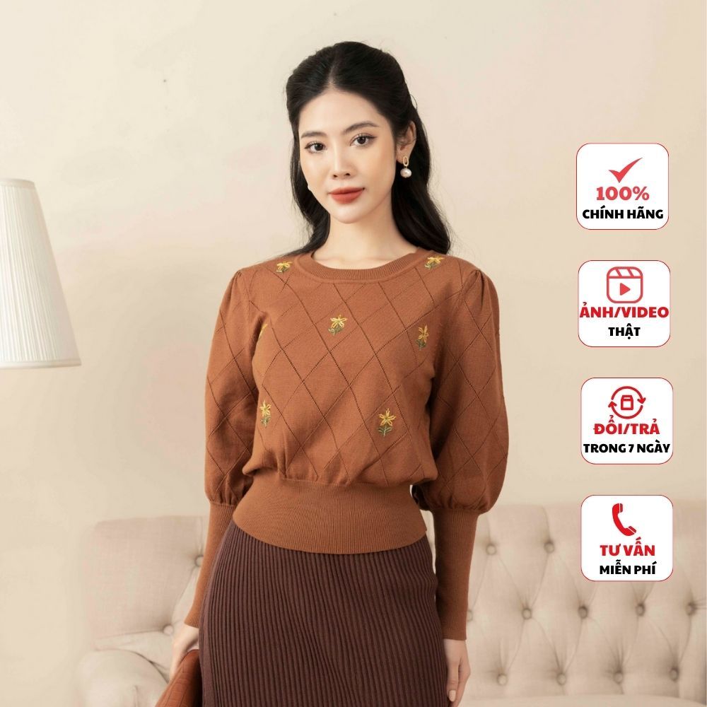 Áo len nữ FIONA cổ tròn áo montogi bo gấu cao cấp họa tiết hoa chất liệu mềm mại phong cách Hàn Quốc F852776