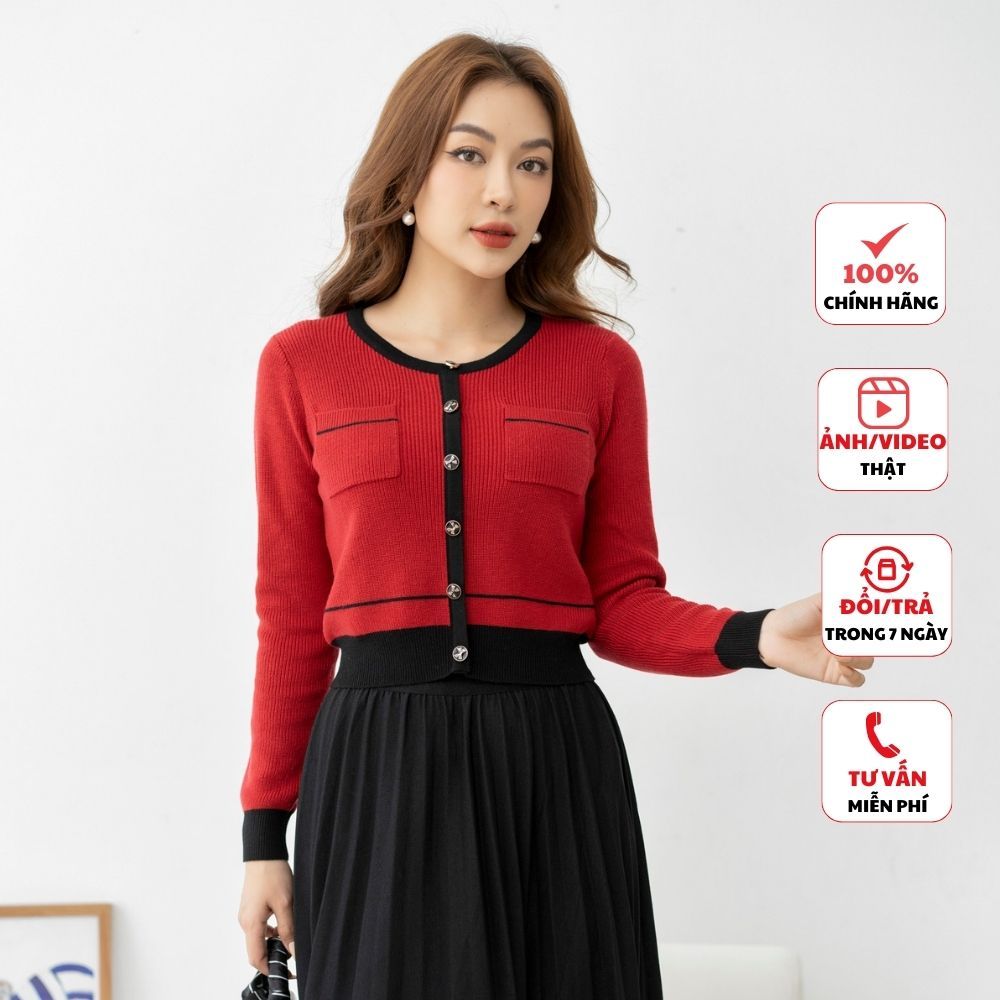 Áo len nữ FIONA cổ tròn phối màu áo cardigan dáng bo gấu túi ốp thân trước phong cách Hàn Quốc F852743