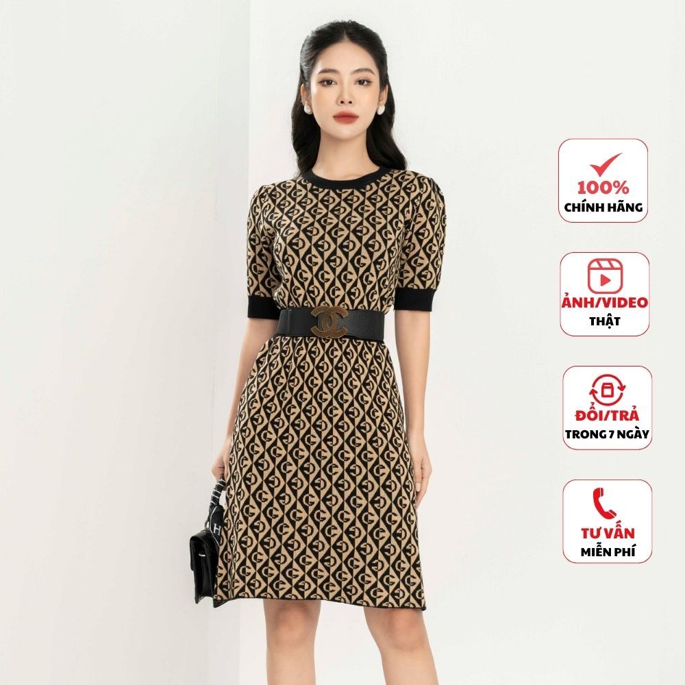 Đầm len nữ FIONA cao cấp đầm len cổ tròn dáng ôm A váy len tay ngắn họa tiết trẻ trung F852573