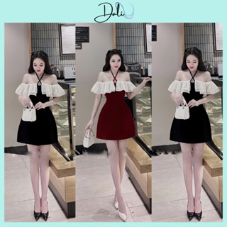  Đầm Dự Tiệc Cổ Yếm Trễ Vai Nhún Bèo Chất Liệu Nhung Dáng Tiểu Thư Sang Chảnh 