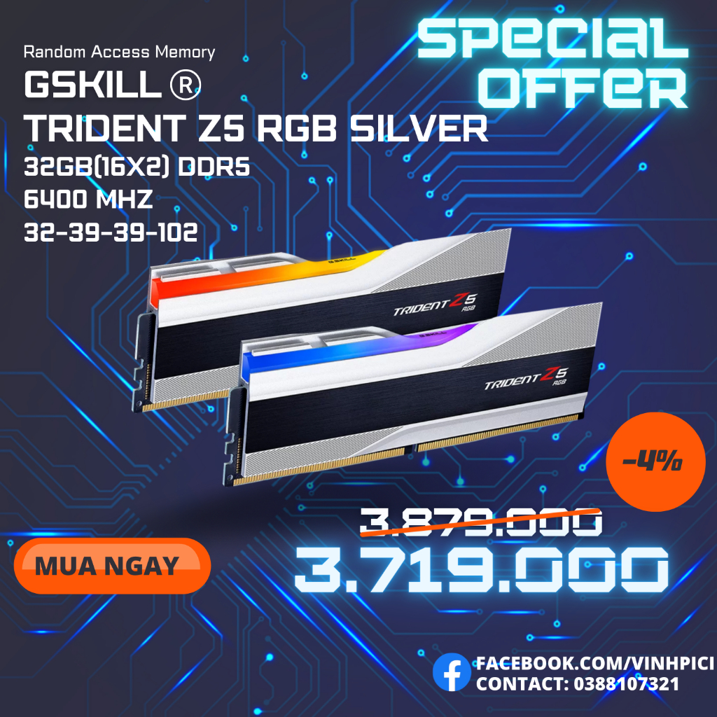 Ram G.SKILL TRIDENT Z5 RGB SILVER 32GB 6400MHz DDR5 (16GBx2) F5-6400J3239G16GX2-TZ5RS [NEW]