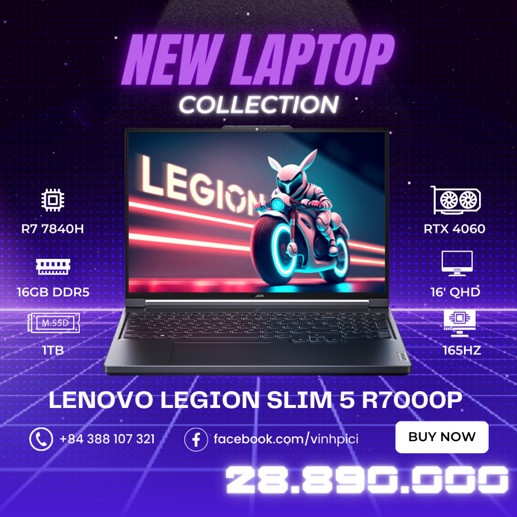 Laptop Lenovo Legion Slim 5 R7000P 2023 (R7-7840H/ RTX 4060/ Ram 16GB/ SSD 1TB/ 16' QHD 165Hz)