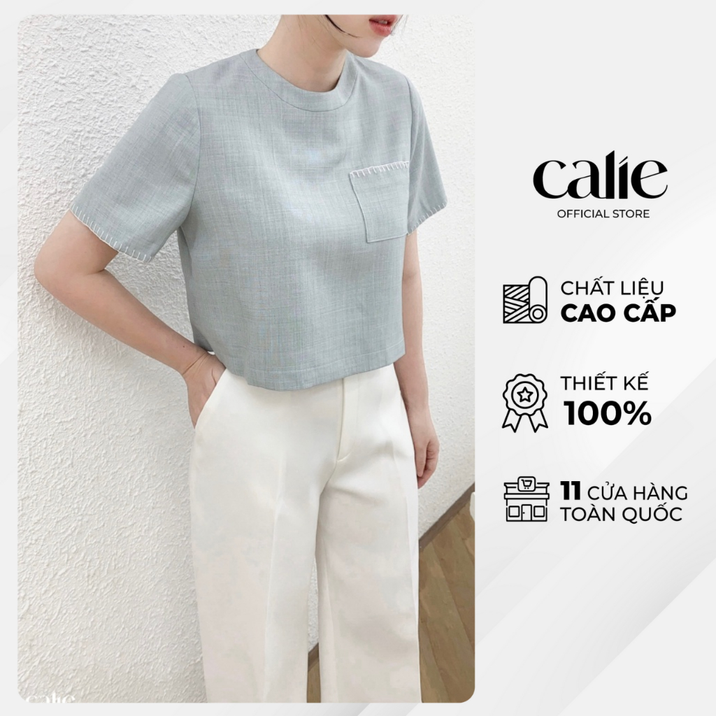 Áo croptop nữ ngắn tay CALIE màu pastel phong cách Vintage cổ tròn thêu viền chất Xước Hàn mềm mịn, chống nhăn AC282