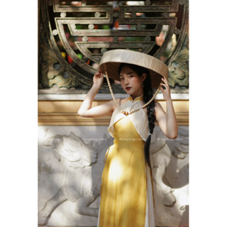 Áo Dài Yếm Chợ Gạo - Lengdeng.Collect | Áo dài yếm cách tân tà kép vải tơ kem phối vàng Lèng Dèng