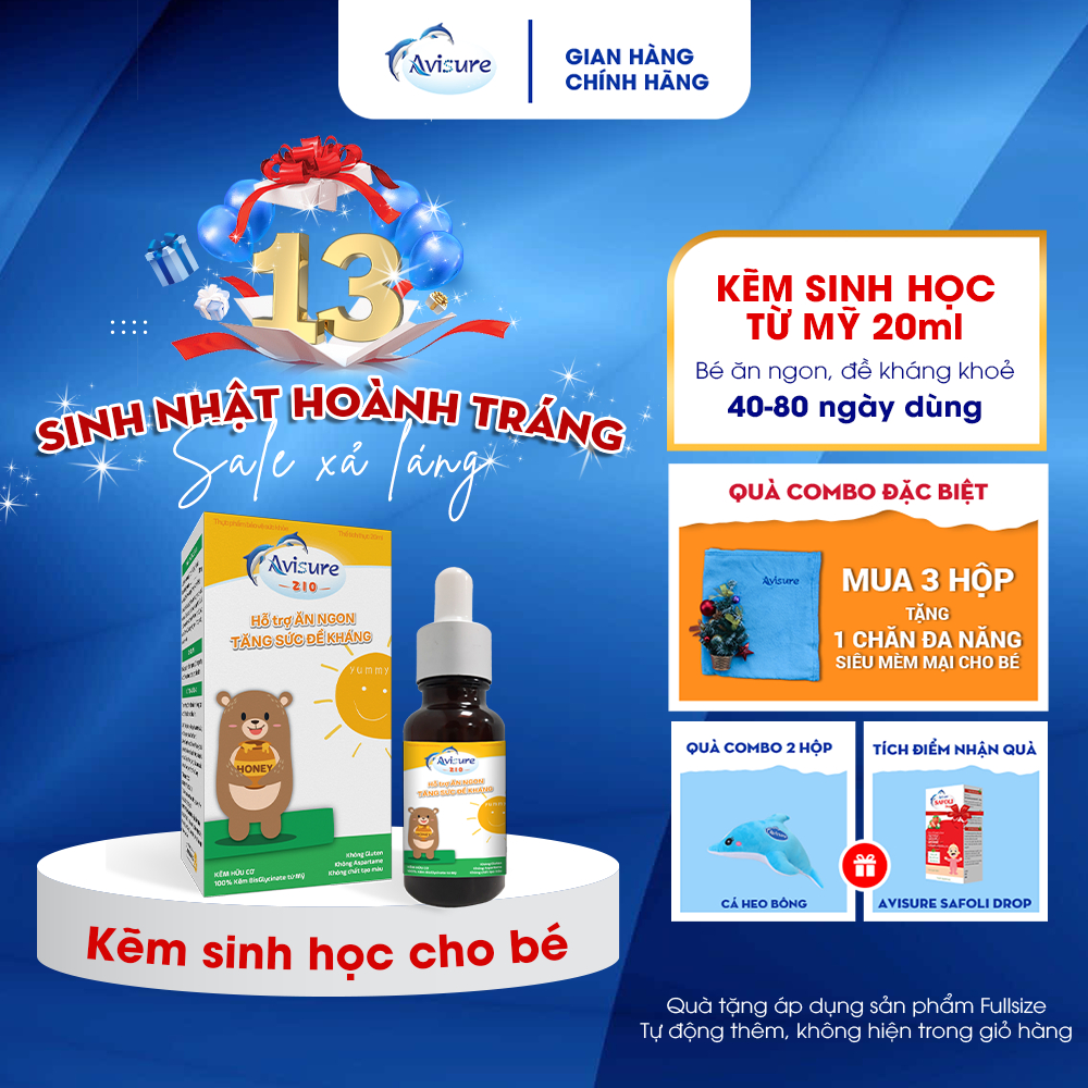 Siro Kẽm hữu cơ cho bé Avisure ZiO 20ml- Kẽm hữu cơ cho bé hỗ trợ cải thiện biếng ăn, đề kháng khỏe