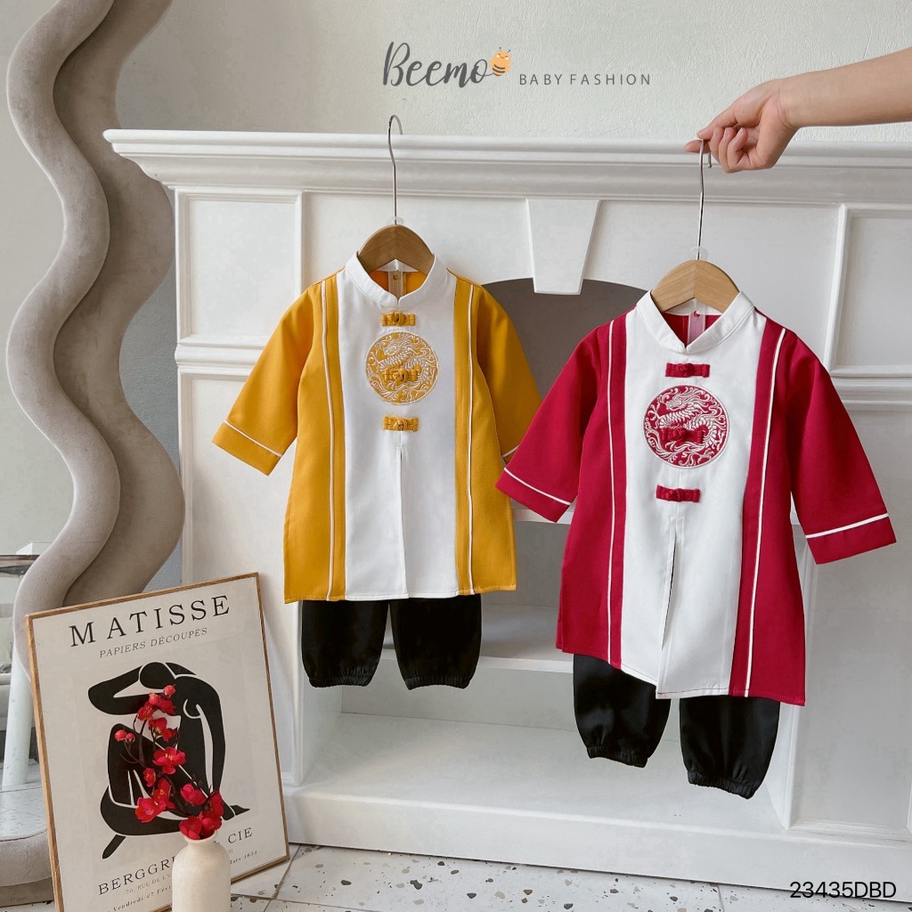 Set bộ áo dài Beemo  xẻ tà phối thân thêu rồng cho bé trai vải siêu nhẹ mặc sự kiện, tết 23435DBD