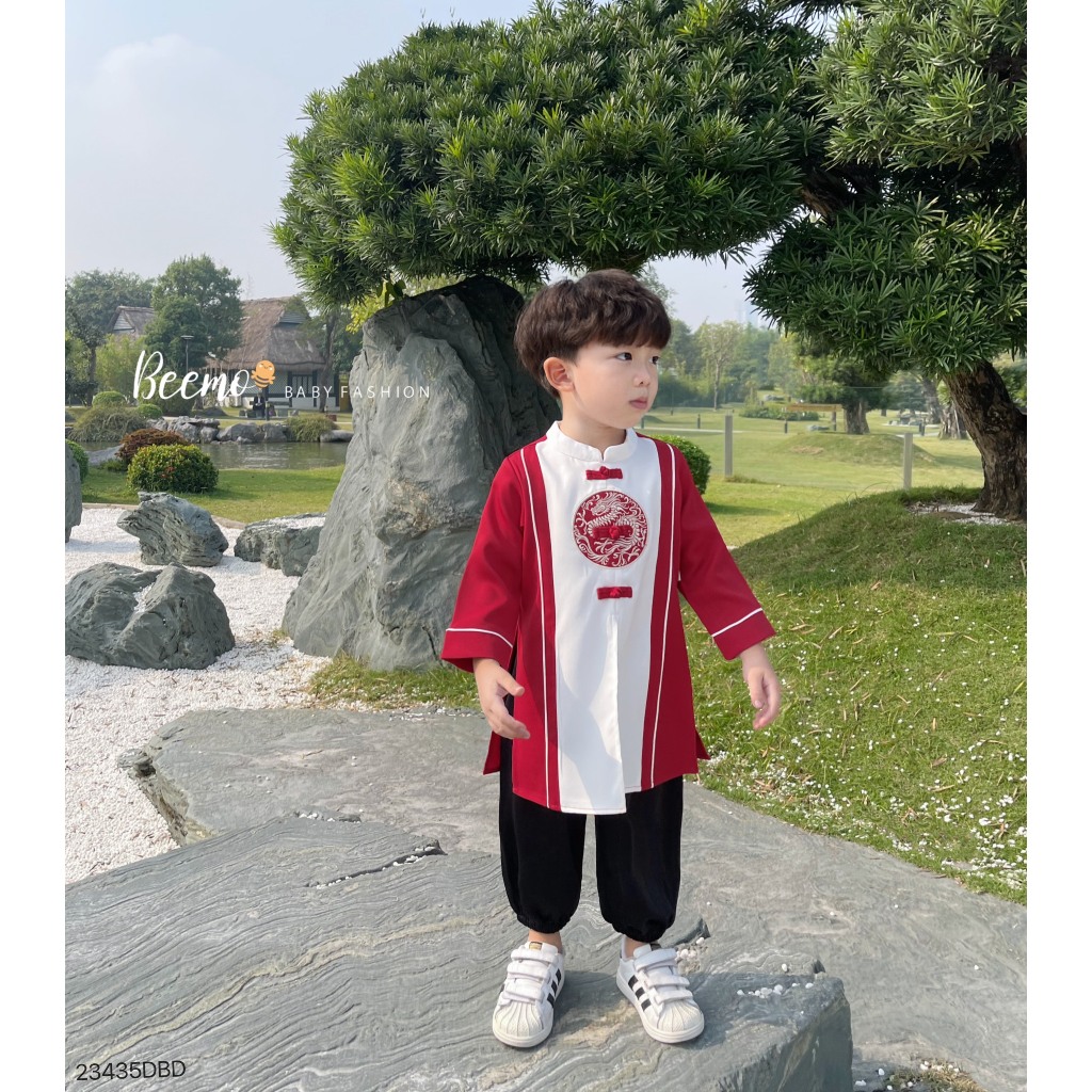 Set bộ áo dài Beemo  xẻ tà phối thân thêu rồng cho bé trai vải siêu nhẹ mặc sự kiện, tết 23435DBD