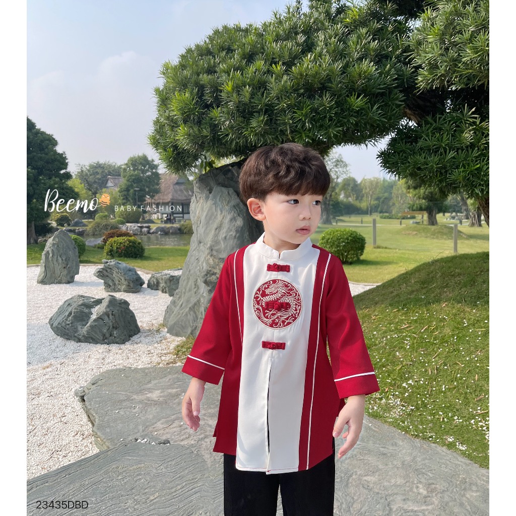Set bộ áo dài Beemo  xẻ tà phối thân thêu rồng cho bé trai vải siêu nhẹ mặc sự kiện, tết 23435DBD