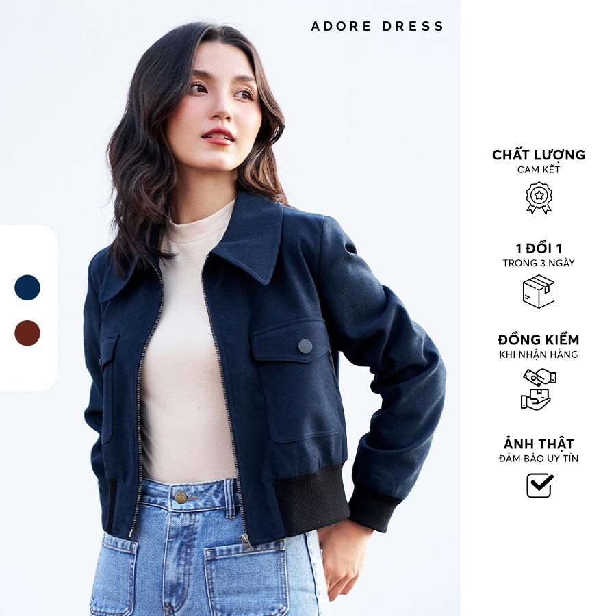 Áo Bomber da lộn nâu, navy bo gấu 312BO1042 ADORE DRESS