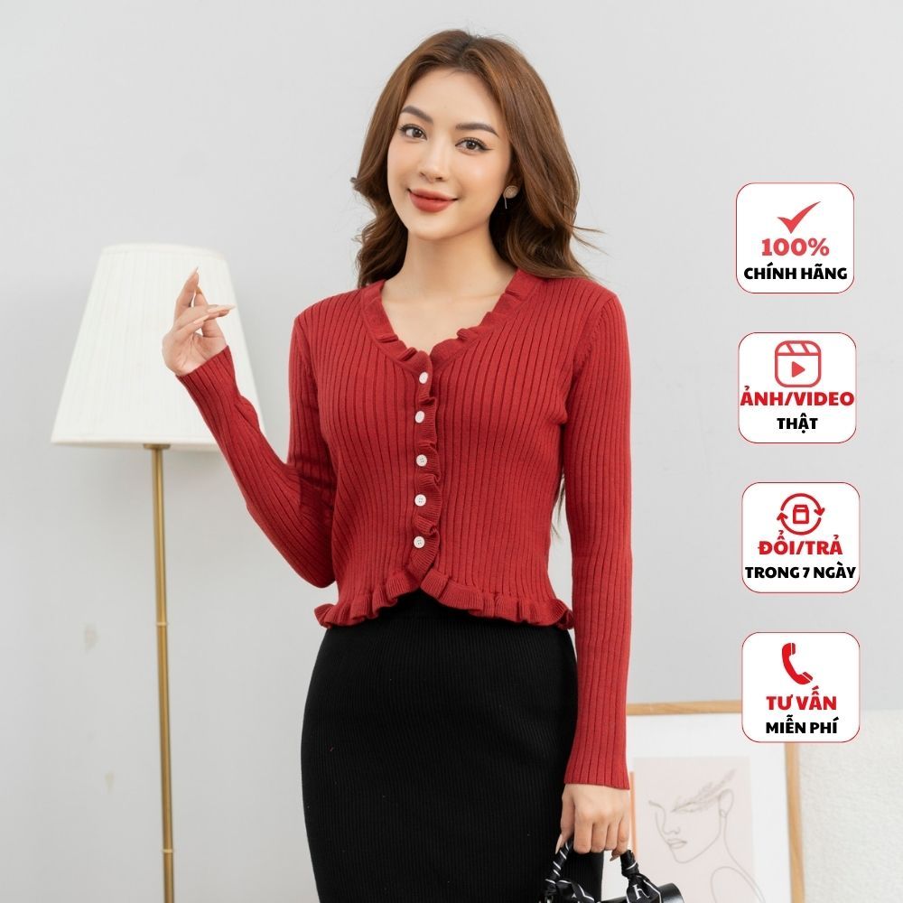 Áo len nữ FIONA cổ bèo áo len cardigan cổ nẹp mở đính cúc thân trước phong cách Hàn Quốc F852748