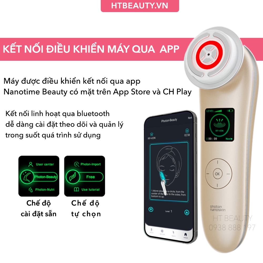 Máy nâng cơ mặt đẩy tinh chất trẻ hoá da thông minh Nanotime F81E HT Beauty, làm sạch sâu, kết nối app thông minh