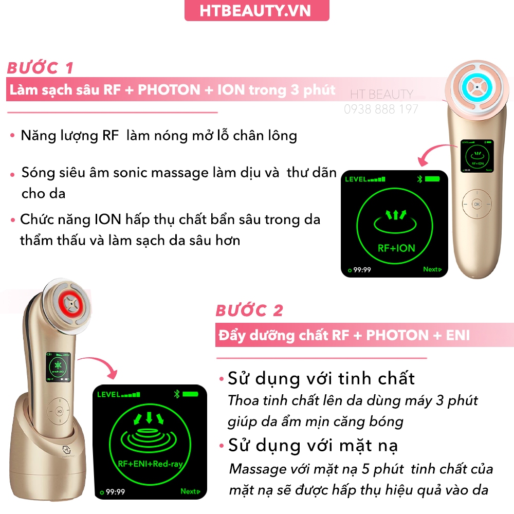 Máy nâng cơ mặt đẩy tinh chất trẻ hoá da thông minh Nanotime F81E HT Beauty, làm sạch sâu, kết nối app thông minh
