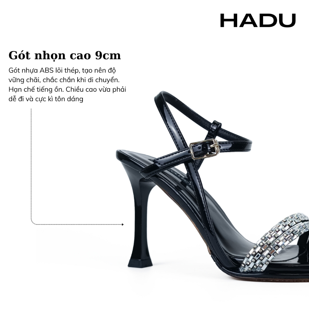 Giày Sandal Cao Gót 9P Mũi Nhọn Quai Đính Đá HADU M958 Da Pu Cao Cấp, Bảo Hành 24T