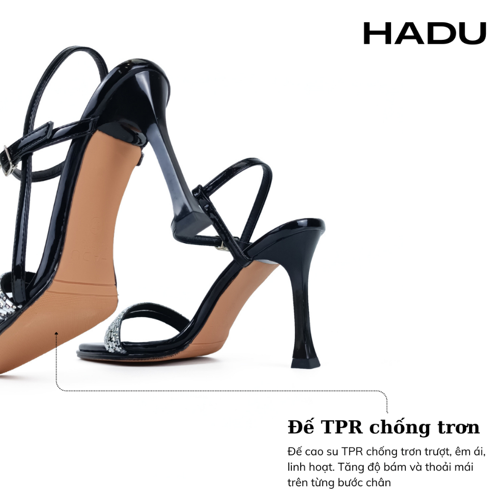 Giày Sandal Cao Gót 9P Mũi Nhọn Quai Đính Đá HADU M958 Da Pu Cao Cấp, Bảo Hành 24T