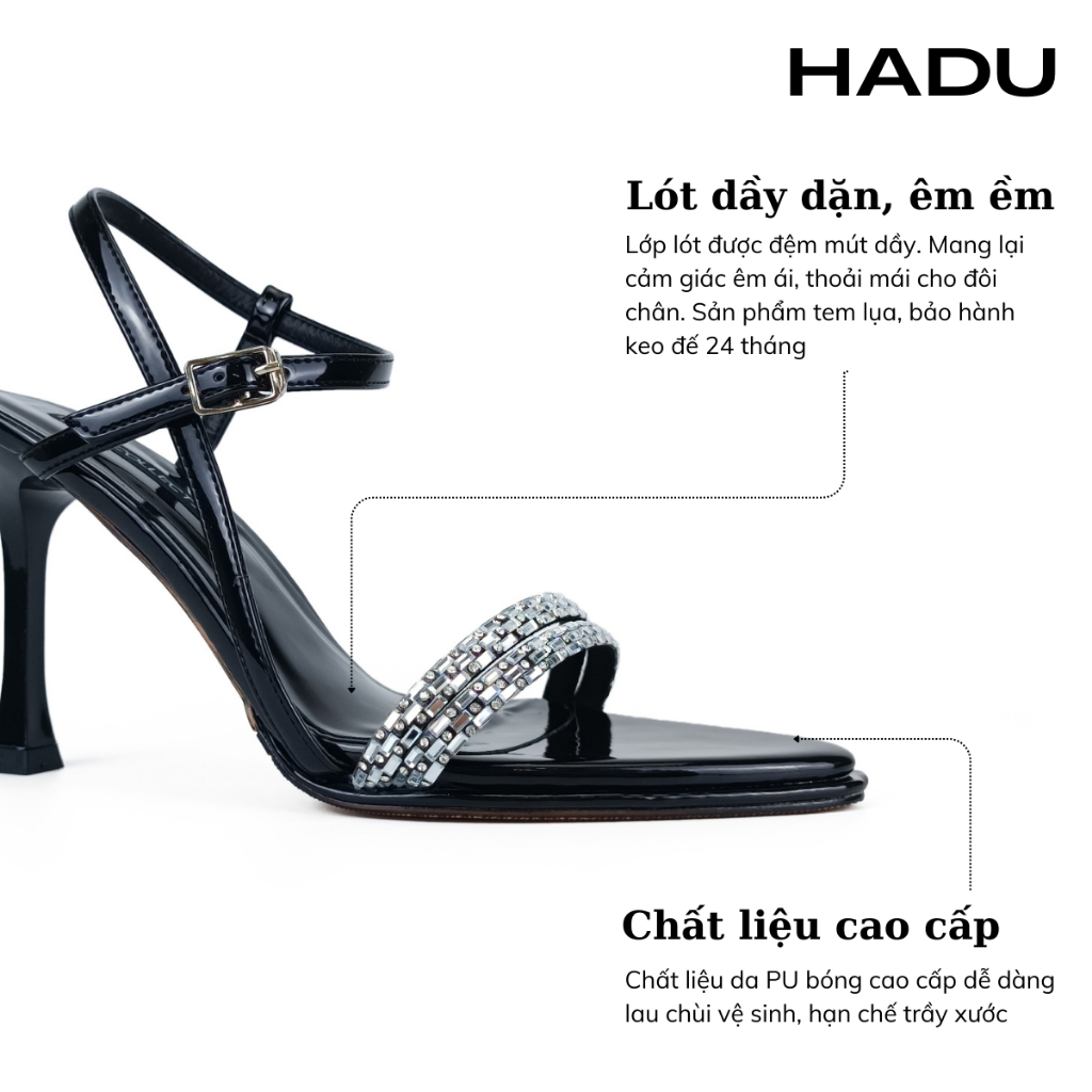 Giày Sandal Cao Gót 9P Mũi Nhọn Quai Đính Đá HADU M958 Da Pu Cao Cấp, Bảo Hành 24T