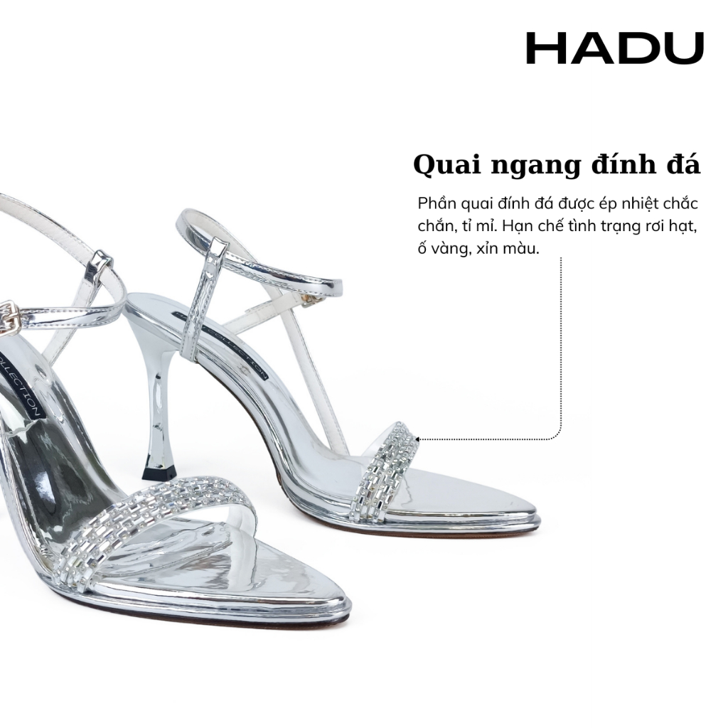 Giày Sandal Cao Gót 9P Mũi Nhọn Quai Đính Đá HADU M958 Da Pu Cao Cấp, Bảo Hành 24T