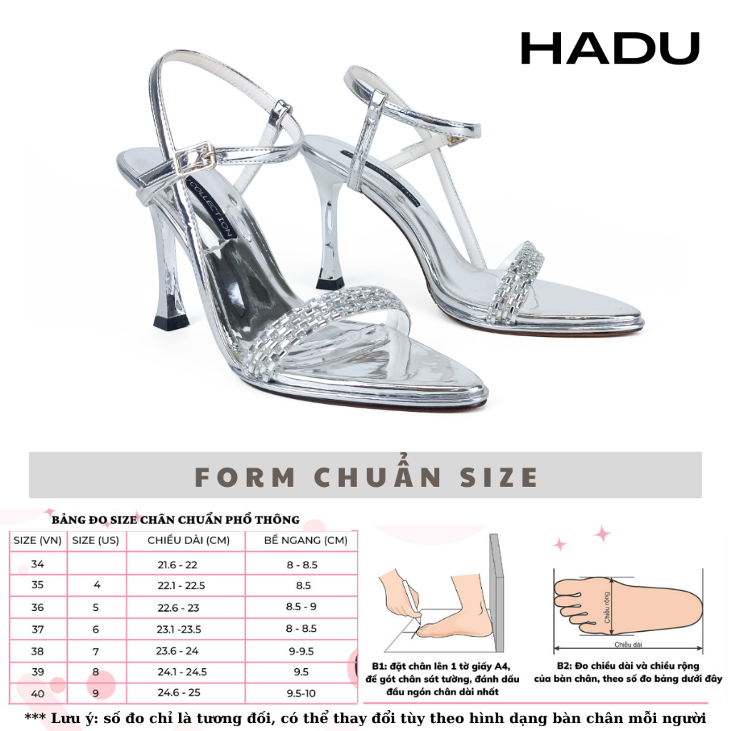 Giày Sandal Cao Gót 9P Mũi Nhọn Quai Đính Đá HADU M958 Da Pu Cao Cấp, Bảo Hành 24T