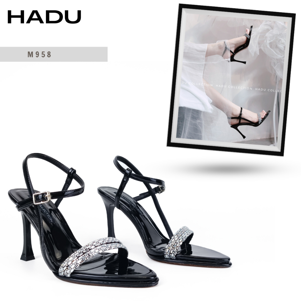 Giày Sandal Cao Gót 9P Mũi Nhọn Quai Đính Đá HADU M958 Da Pu Cao Cấp, Bảo Hành 24T