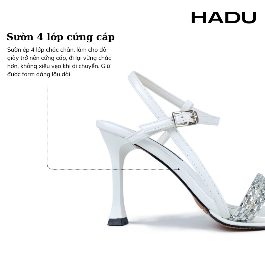 Giày Sandal Cao Gót 9P Mũi Nhọn Quai Đính Đá HADU M958 Da Pu Cao Cấp, Bảo Hành 24T