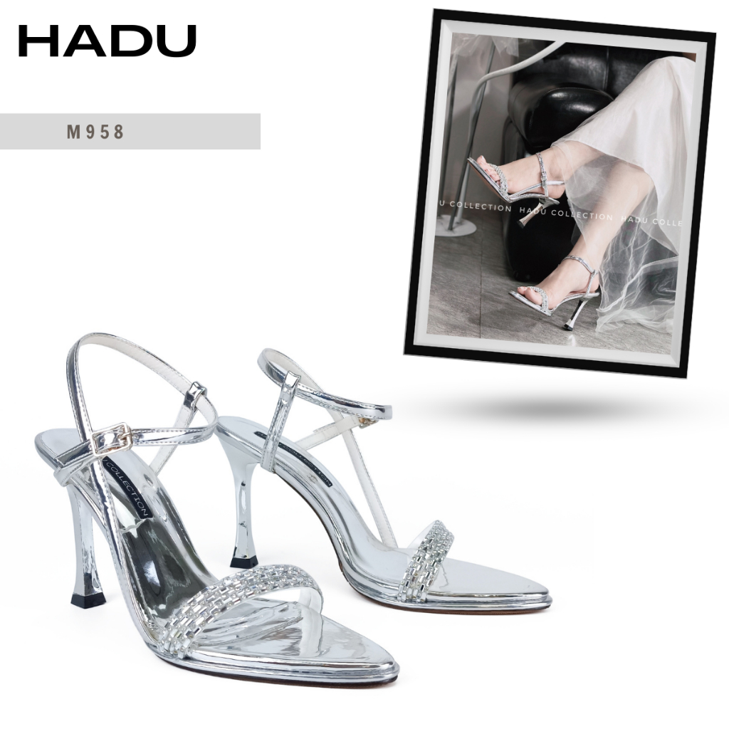 Giày Sandal Cao Gót 9P Mũi Nhọn Quai Đính Đá HADU M958 Da Pu Cao Cấp, Bảo Hành 24T