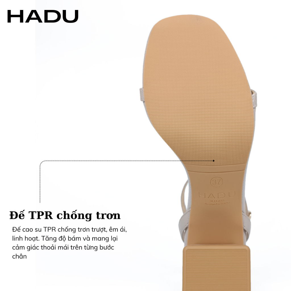 Giày Sandal Gót Vuông 7P Quai Ngang Dây Mảnh HADU M7119 Da Vân Cao Cấp, Bảo Hành 24T