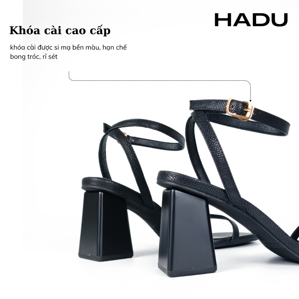 Giày Sandal Gót Vuông 7P Quai Ngang Dây Mảnh HADU M7119 Da Vân Cao Cấp, Bảo Hành 24T