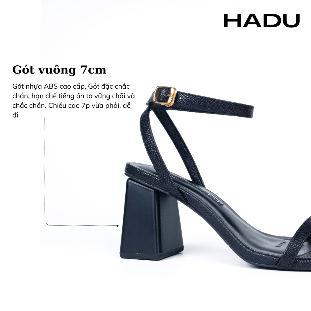 Giày Sandal Gót Vuông 7P Quai Ngang Dây Mảnh HADU M7119 Da Vân Cao Cấp, Bảo Hành 24T