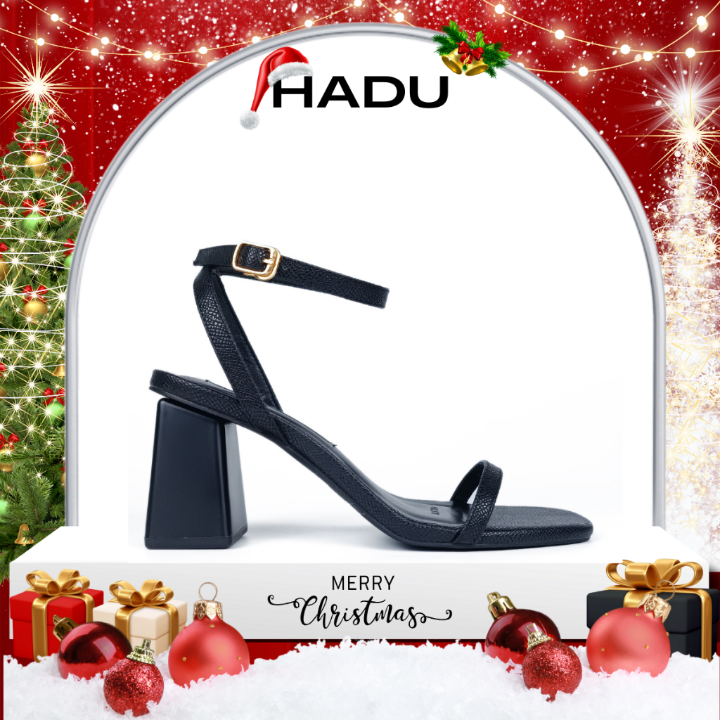 Giày Sandal Gót Vuông 7P Quai Ngang Dây Mảnh HADU M7119 Da Vân Cao Cấp, Bảo Hành 24T