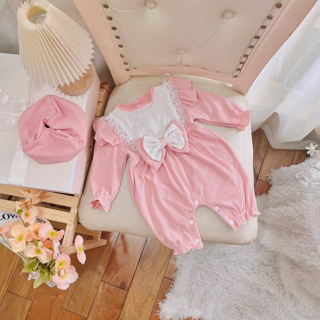 Body Liền Quần Chất Len Nhung Hồng Kèm Mũ Nồi 3.5-10 Kg ,Body Cho Bé Gái Đầy Tháng Thôi Nôi