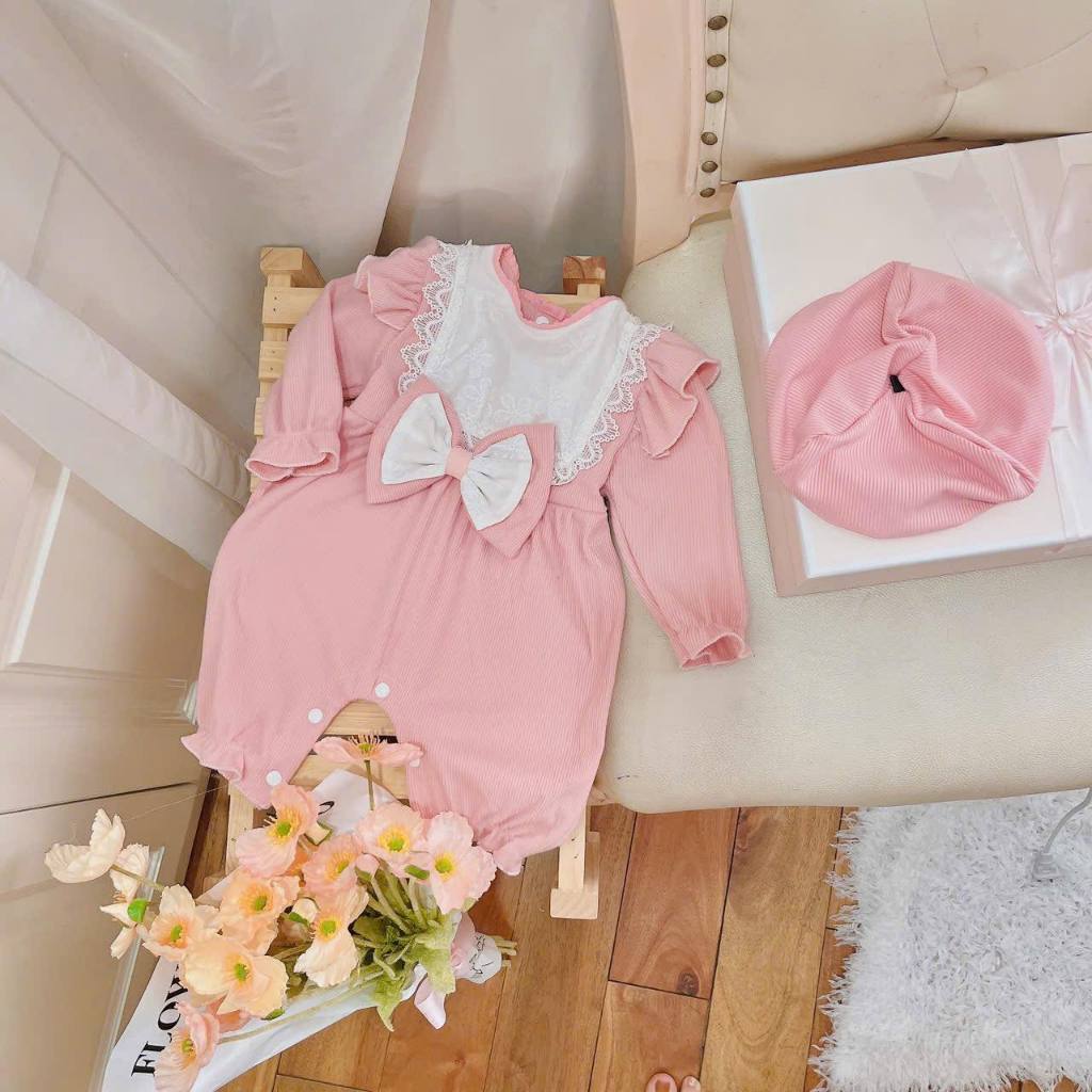 Body Liền Quần Chất Len Nhung Hồng Kèm Mũ Nồi 3.5-10 Kg ,Body Cho Bé Gái Đầy Tháng Thôi Nôi