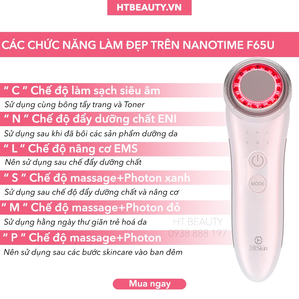 Máy điện di tinh chất đa năng 6 in1, Nâng cơ EMS và  trẻ hoá NanoTime F65U HTBeauty làm sạch sâu, hấp thụ dưỡng chất