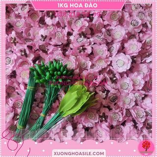 1KG HOA ĐÀO GIẢ, CÀNH, LÁ, NỤ ĐẦY ĐỦ CAO CẤP